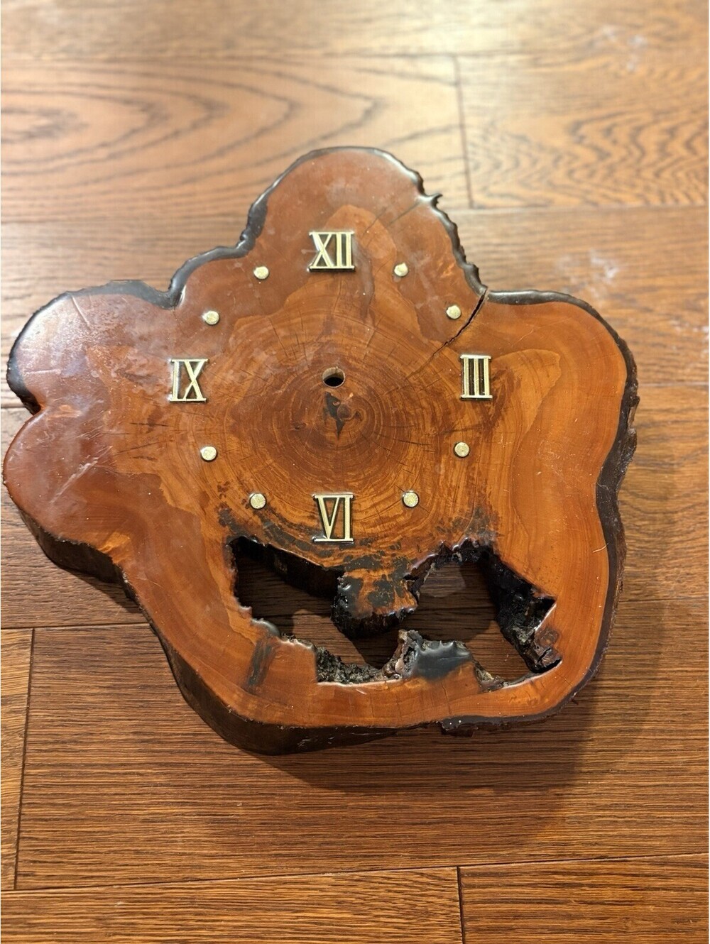 Vintage Wood Slab Live Edge Lacquer MCM Retro Wall Clock 13" Needs Mechanism